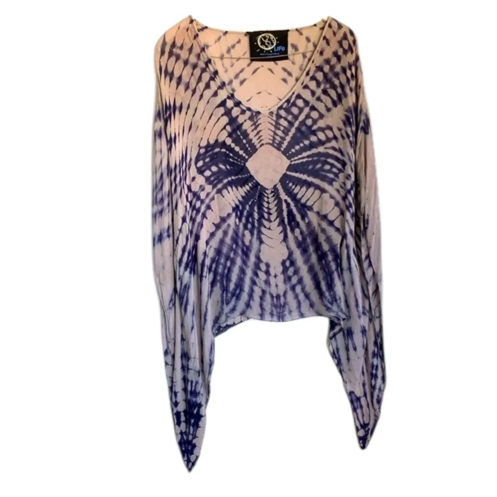 BLUE LIFE tunic Women's XS/S, tan with navy tie dye pattern; oversized. EUC